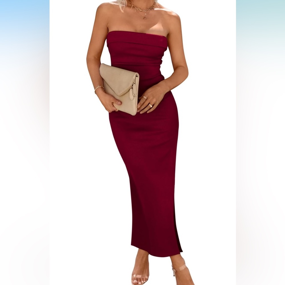 Strapless Wine Ribbed Bodycon Midi Side Slit Dress